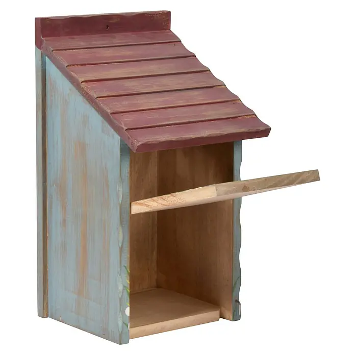 Dobar Nistkasten Blumenmotiv - 15 x 14,5 x 28 cm, Holz, Rot/Blau/Grün - Nahaufnahme eines dekorativen Holz-Nistkastens mit blauem Anstrich und rotem Dach, der einen rustikalen Charme versprüht.