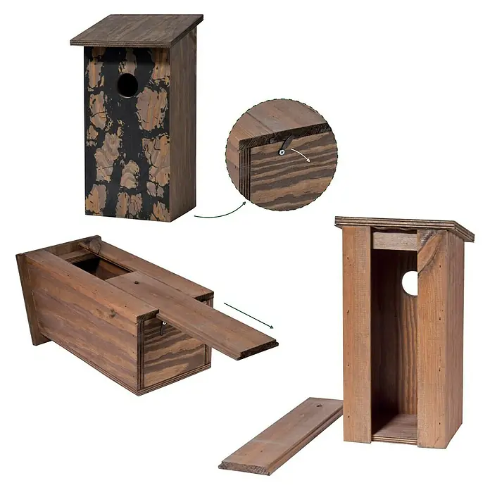 Dobar Nistkasten - 15,5 x 14,5 x 30 cm, Braun, Holz - Dieses Bild zeigt eine Nahaufnahme eines Holzvogelhauses mit verschiedenen Details, darunter die Öffnung zum Reinigen.