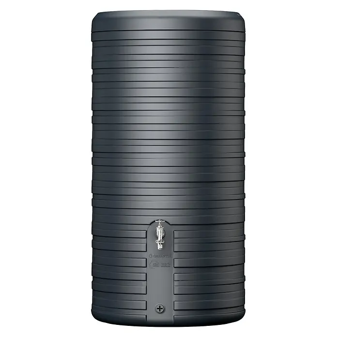 Garantia Classic Line Regenspeicher Nordic 2 in 1 - 300 l, Grau - Abgebildete Regentonne mit Wasserhahn. Der Regenwassertank ist aus robustem Kunststoff gefertigt. Ideal zur Gartenbewässerung.