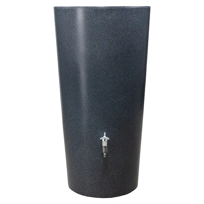 Garantia Modern Line Regenspeicher Stone 2 in 1 - 210 l, Lava - Detaillierte Aufnahme einer Regentonne in Anthrazit mit einem silbernen Wasserhahn, ideal für die Gartenbewässerung und Regenwassernutzung.