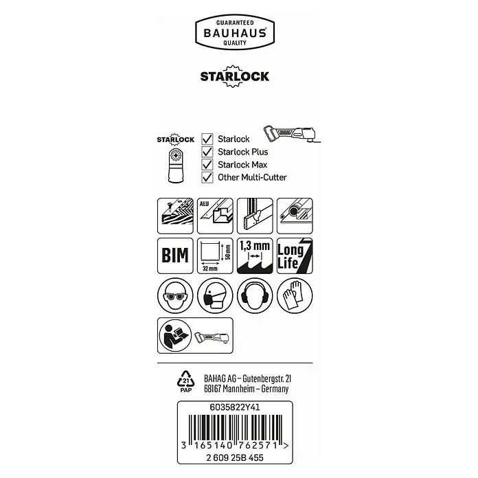 Craftomat Tauchsägeblatt AIZ 32 AB - 32 mm, Geeignet für: Buntmetalle - Produktverpackungsbild mit Bauhaus-Qualitätssiegel, Starlock-Kompatibilität und Sicherheits-/Anwendungshinweisen.
