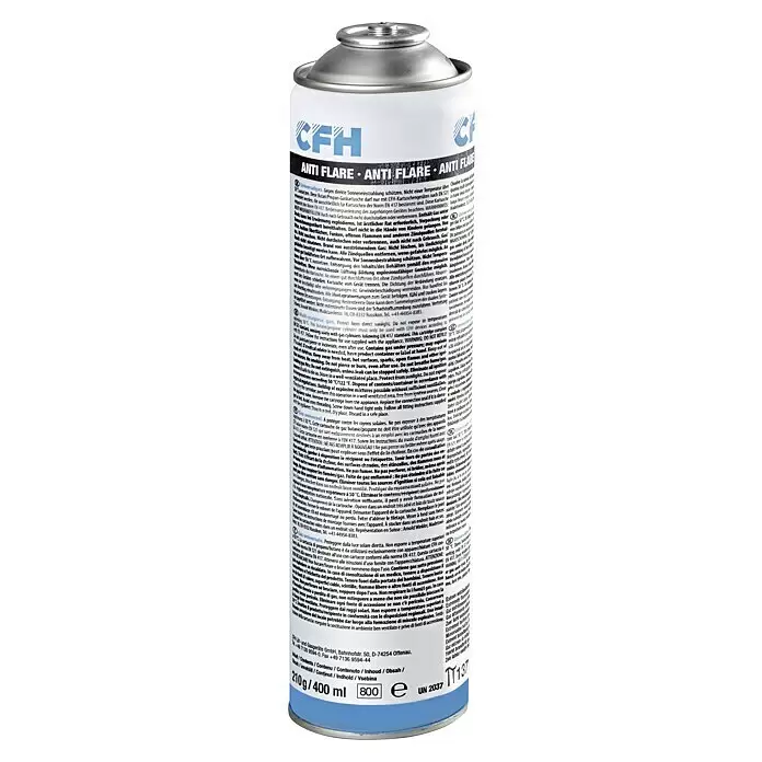 CFH Gaskartusche AF99 - 210 g - Weiße und blaue CFH Anti-Flare Universalgaskartusche mit silbernem Deckel, zeigt Produktdetails und Sicherheitshinweise.
