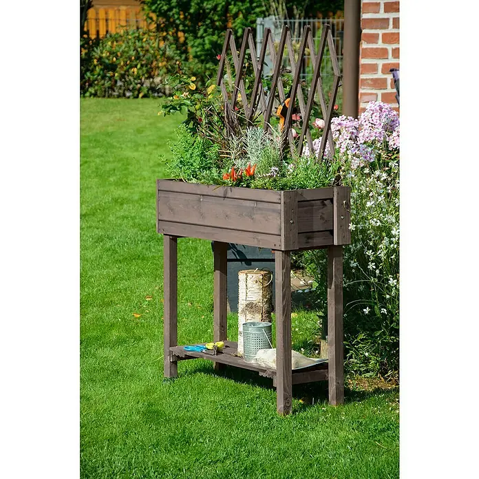 Dobar Hochbeet - L x B x H: 79 x 28,5 x 130 cm, Holz, Grau - Erhöhtes Gartenbeet aus Holz mit integriertem Rankgitter, bepflanzt mit Kräutern und Gemüse, ideal für Terrasse und Garten.