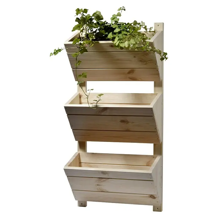 Dobar Hochbeet - L x B x H: 38 x 17,5 x 79 cm, Holz, Natur - Dreistöckiger Pflanzkasten aus Holz mit üppiger grüner Bepflanzung, ideal für den vertikalen Gartenbau auf Balkonen und Terrassen.
