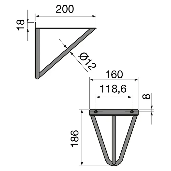 Walteco Wandkonsole Wans - L x B x H: 200 x 160 x 186 mm, Belastbarkeit: 30 kg, Schwarz, Stahl - Produktansicht mit Maßangaben. Das Bild zeigt ein Bauteil in zwei Ansichten mit zugehörigen Bemaßungen für Konstruktionszwecke.