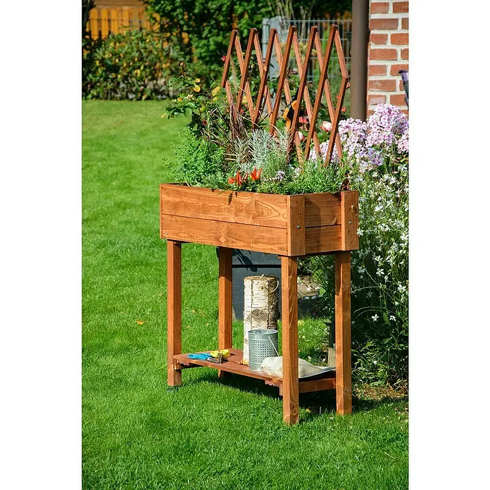 Dobar Hochbeet - L x B x H: 79 x 28,5 x 130 cm, Holz, Braun - Holzpflanzkasten auf Beinen mit Pflanzen und Rankhilfe im Garten. Ideal für Kräuter und Gemüse.