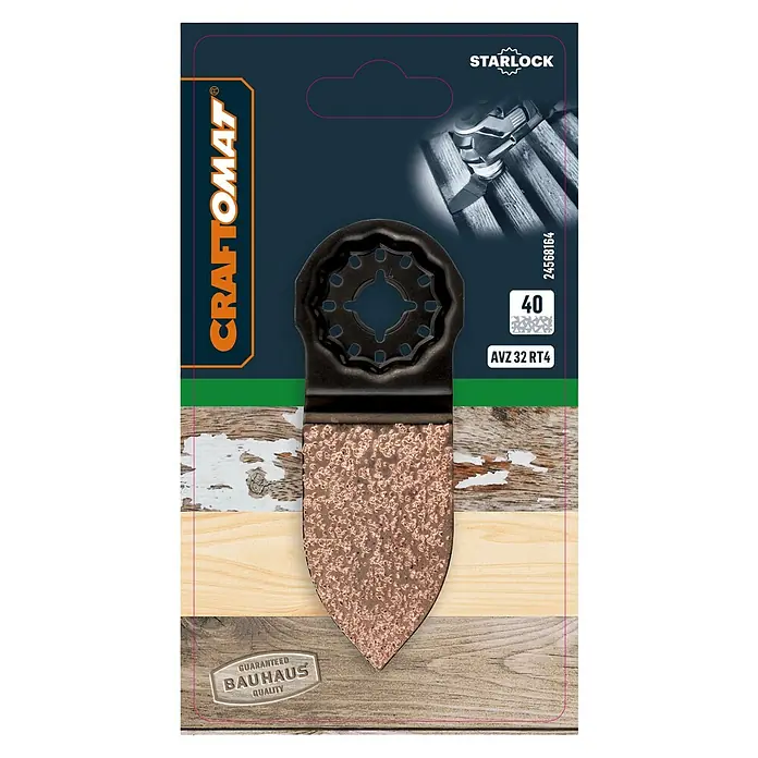 Craftomat Schleiffinger - Körnung: 40, 50 x 32 mm, STARLOCK-System - Bild einer Craftomat Multitool-Klinge mit Starlock-Aufnahme, ideal zum Schleifen und für Renovierungsarbeiten.