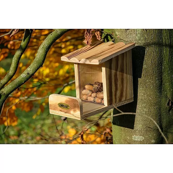 Dobar Eichhörnchenfutterstation - L x B x H: 24 x 15 x 17 cm, Kiefer - Hölzernes Eichhörnchenfutterhaus, gefüllt mit Eicheln, an einem Baumstamm im Herbstwald befestigt.