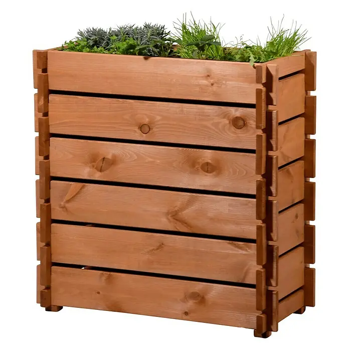 Dobar Hochbeet Stecksystem - L x B x H: 79 x 37 x 79 cm, Holz, Braun - Holzpflanzgefäß mit horizontalen Brettern und Bepflanzung oben. Ideal für Garten oder Terrasse.