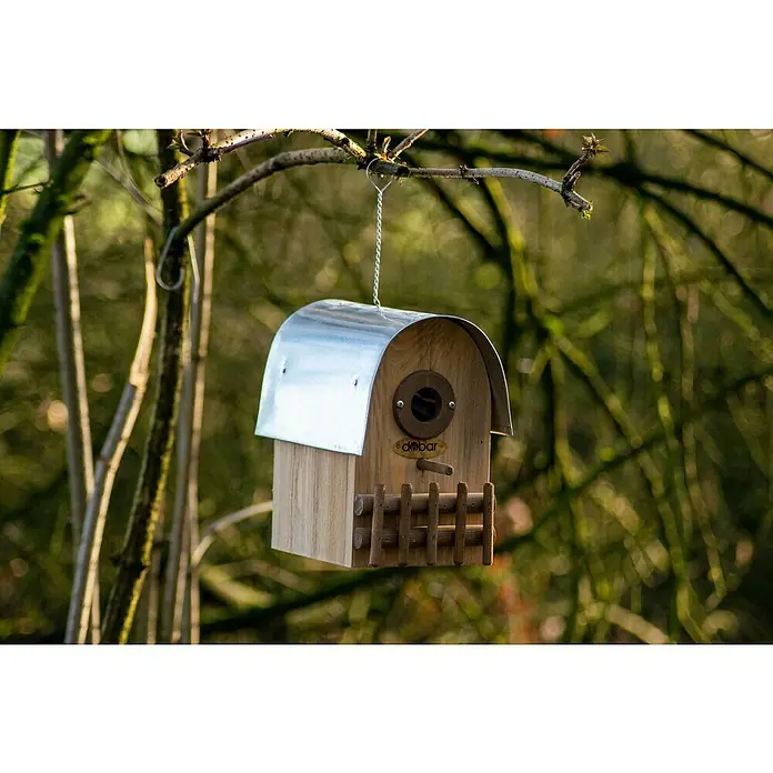 Dobar Nistkasten Rundhaus - 14 x 20 x 22 cm, Holz, Braun/Silber - Niedliches Holz Vogelhaus mit Metalldach hängt an einem Ast, bietet einen sicheren Unterschlupf für kleine Vögel im Garten.