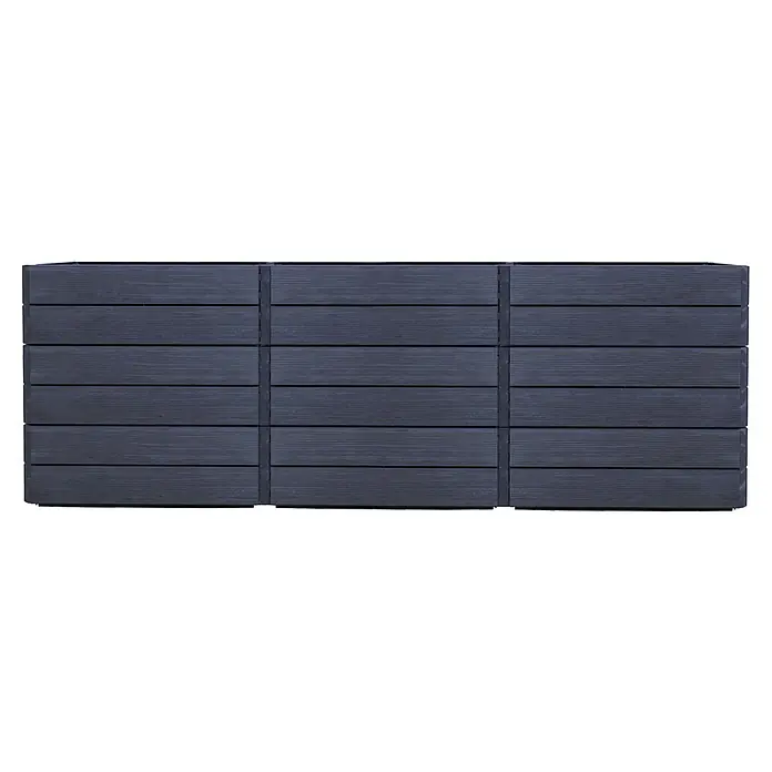 Garantia Hochbeet Ergo QUADRO U L 75 - 240 x 160 x 75 cm, Kunststoff, Anthrazit-braun - Nahaufnahme von drei anthrazitfarbenen Terrassenfliesen aus Holz mit einer feinen Maserung und einer ebenmäßigen Oberfläche.