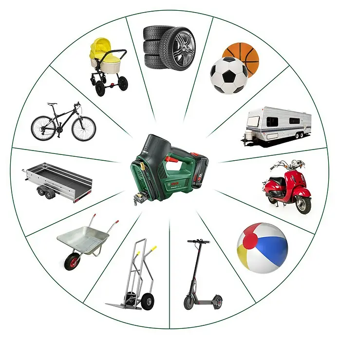 Bosch Power for All 18V Akku-Luftpumpe UniversalPump - 18 V, 1 Akku - Abbildung eines Akku-Kompressors umgeben von Fahrrad, Bollerwagen, Reifen und anderen Transportmitteln.
