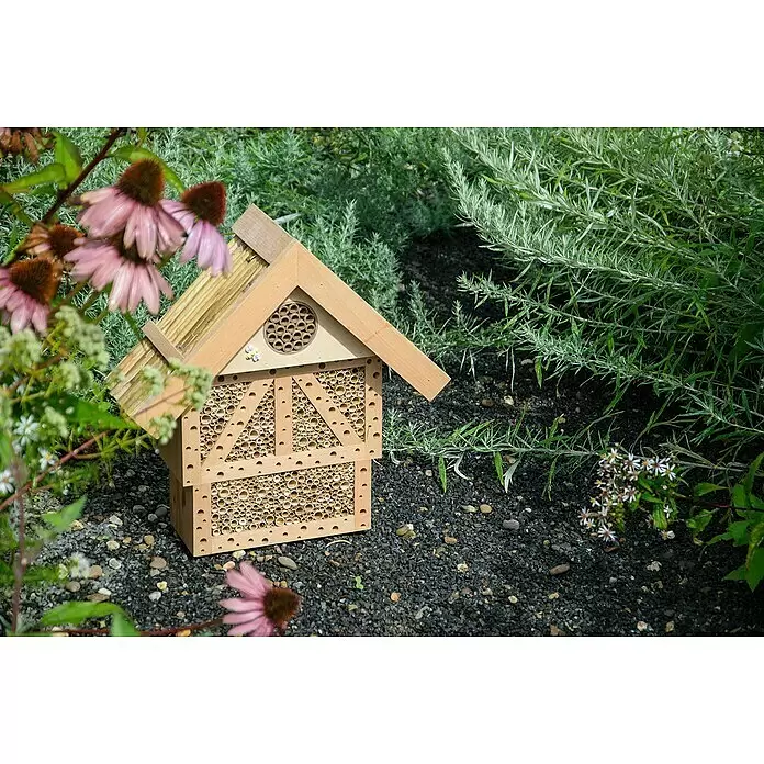 Dobar Insektenhotel Monschau - L x B x H: 37,5 x 15 x 38,5 cm, Natur - Ein hölzernes Insektenhotel mit Bambusröhren steht in einem Garten, umgeben von lila Sonnenhüten und Pflanzen.