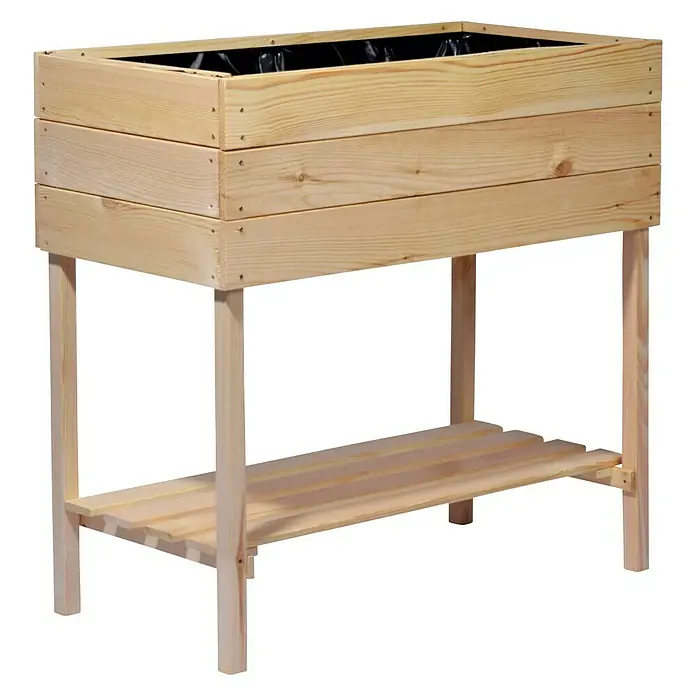 Dobar Hochbeet - L x B x H: 80 x 40 x 78 cm, Holz, Natur - Das Foto zeigt einen rechteckigen, erhöhten Holzkasten für Pflanzen mit einem zusätzlichen Regal, ideal für den Garten.