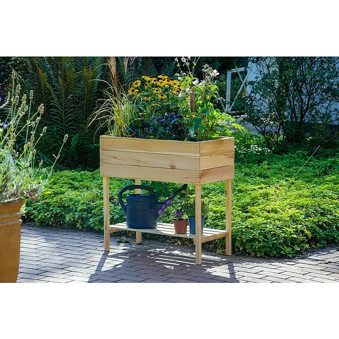 Dobar Hochbeet - L x B x H: 80 x 40 x 78 cm, Holz, Natur - Ein Hochbeet aus Holz mit Pflanzen, darunter eine Gießkanne und kleine Blumentöpfe, steht im Garten. Ideal für Hobbygärtner!