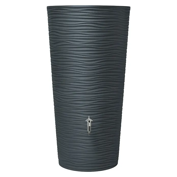 Garantia Modern Line Regenspeicher Natura 2 in 1 - 210 l, Graphite grey - Grauer Regenspeicher mit gewelltem Muster und einem verchromten Wasserhahn zur umweltfreundlichen Wassernutzung im Garten.