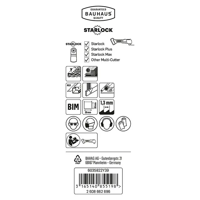 Craftomat Tauchsägeblatt - 30 x 20 mm, Geeignet für: Holzwerkstoffe, STARLOCK-System - Bild einer Bauhaus Starlock-Produktverpackung mit Informationen zu Kompatibilität, Materialien und Sicherheitsvorkehrungen.