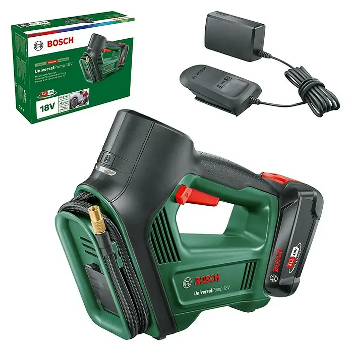 Bosch Power for All 18V Akku-Luftpumpe UniversalPump - 18 V, 1 Akku - Bild von Bosch UniversalPump 18V Akku-Luftpumpe, inklusive Karton und Ladegerät.