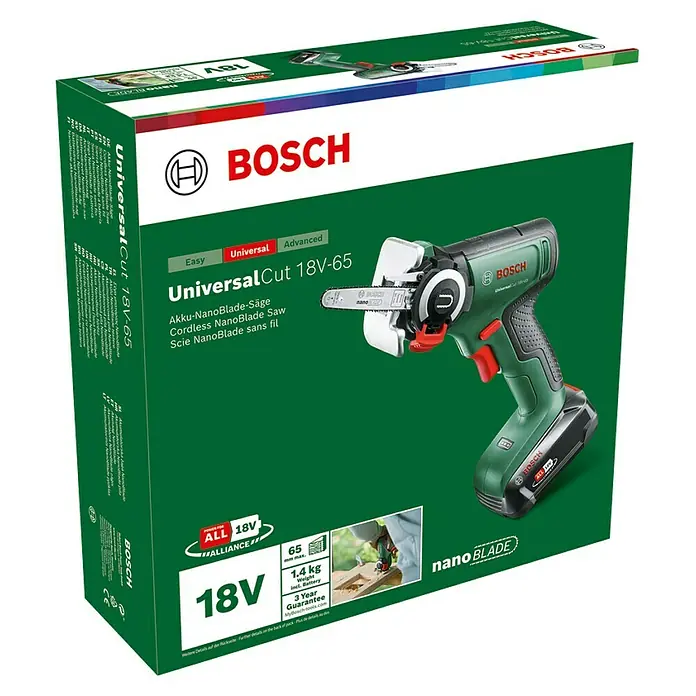 Bosch Power for All 18V NanoBlade-Säge Universal Cut 18V-65 - 18 V, 1 Akku, 2,5 Ah, 0 U/min - 8.000 U/min - Karton der Bosch UniversalCut 18V-65 Akku-NanoBlade-Säge. Leistungsstarkes und vielseitiges Werkzeug für präzise Schnitte.