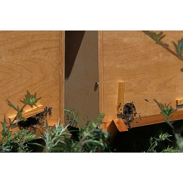 Dobar Bienenkiste - 87 x 55 x 99 cm - Ein hölzerner Bienenstock mit Bienen, die an den Eingängen schwärmen, umgeben von grünen Pflanzen.