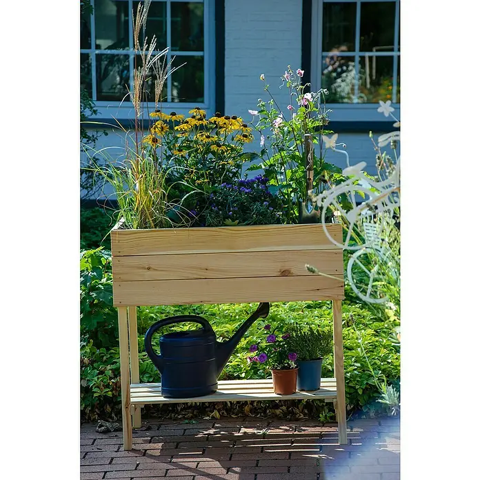 Dobar Hochbeet - L x B x H: 80 x 40 x 78 cm, Holz, Natur - Das erhöhte Holzpflanzbeet mit Ablage bietet Platz für Blumen und Gießkanne und ist ein Blickfang für jeden Garten.