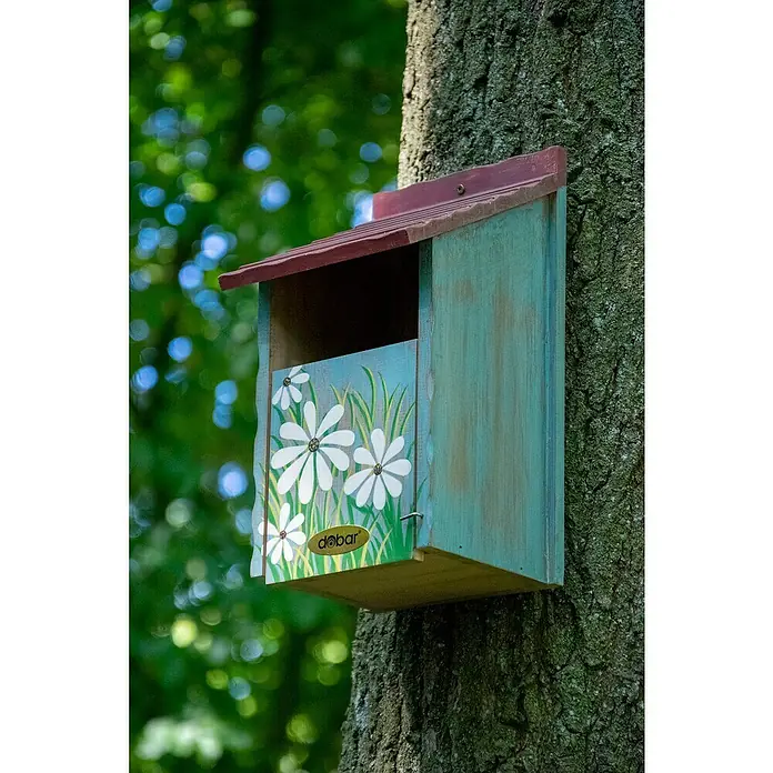Dobar Nistkasten Blumenmotiv - 15 x 14,5 x 28 cm, Holz, Rot/Blau/Grün - Dekoratives Vogelhaus mit Blumenmuster am Baum befestigt, bietet eine charmante Unterkunft für Wildvögel und verschönert jeden Garten.