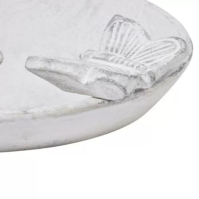 Dobar Vogeltränke Foglia - Weiß, Keramik - Weiß-graue, patinierte Dekoschale in Steinoptik mit erhabenem Schmetterlingsakzent am Rand.