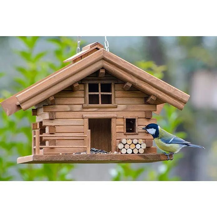 Dobar Vogelfutterhaus Appenzell - L x B x H: 37 x 37 x 26 cm, Braun, Holz - Hübsches Holz-Vogelhaus im Blockhüttenstil mit einem bunten Vogel auf der Plattform, der sich anscheinend für die angebotenen Samen interessiert.