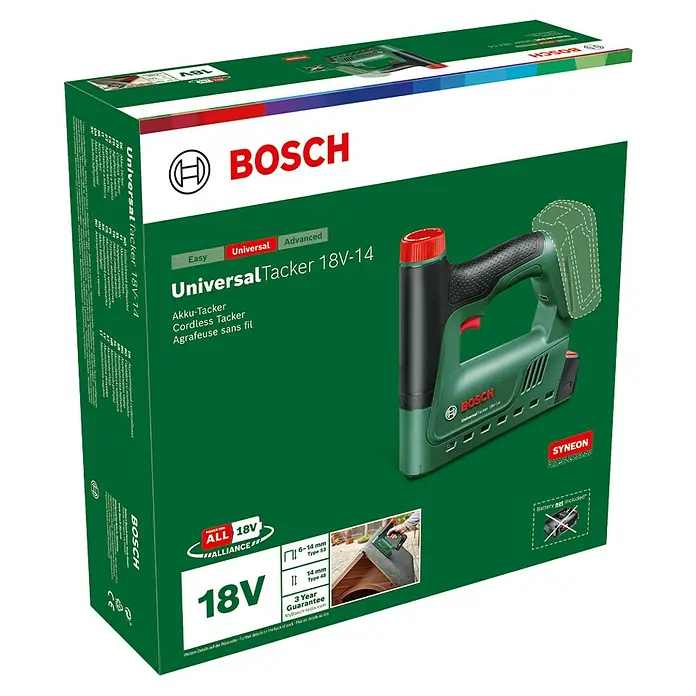 Bosch Power for All 18V Akku-Tacker UniversalTacker 18V-14 - 18 V, Ohne Akku, Klammertiefe: 6 mm - 14 mm - Die Verpackung des Bosch UniversalTacker 18V-14 Akku-Tackers, ein vielseitiges Werkzeug für verschiedene Befestigungsarbeiten.