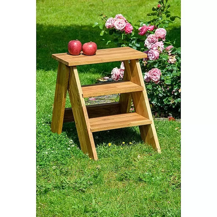Dobar Klapptritt - L x B x H: 42 x 54 x 45 cm - Dreistufiger Holzschemel mit zwei roten Äpfeln.