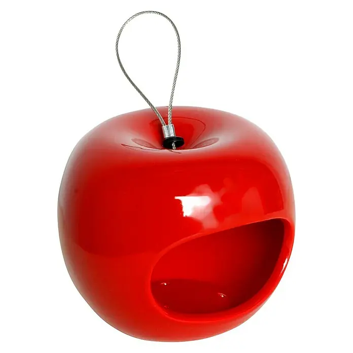 Dobar Futterspender - 14 x 14 x 12 cm, Keramik, Rot/Blau/Grün - Roter Apfel-Vogelhäuschen mit Aufhängeschlaufe für den Garten. Ein attraktiver und nützlicher Futterplatz für Wildvögel.
