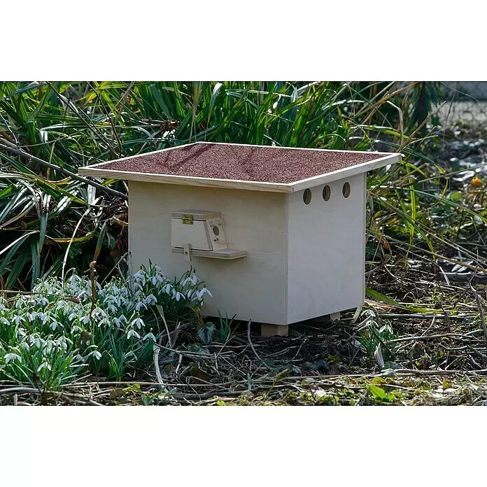 Dobar Nistkasten für Hummeln - L x B x H: 51 x 43 x 36 cm, Braun/Rot, Holz - Helles Holz-Tierhaus mit dunklem Granulatdach, runden Lüftungslöchern und einem kleinen klappbaren Eingang vorn, in einem Garten mit Schneeglöckchen.