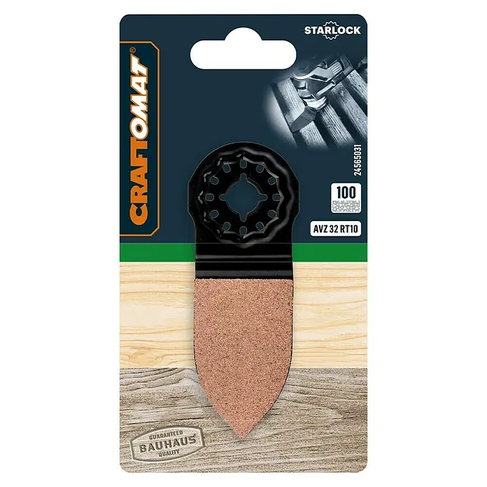 Craftomat Schleiffinger - Körnung: 100, 50 x 32 mm, STARLOCK-System - Bild einer Craftomat Schleifplatte AVZ 32 RT10, passend für Starlock-Werkzeuge, ideal zum Schleifen verschiedener Oberflächen.