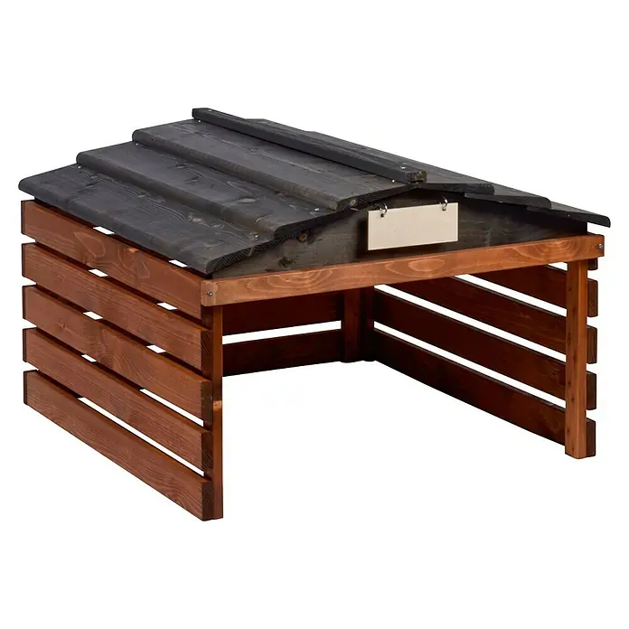 Dobar Mähroboter-Garage - L x B x H: 78,5 x 74 x 52,5 cm, Braun/Schwarz - Das Bild zeigt einen Holzlagerplatz mit einem dunklen Dach und braunen Holzseiten. Ideal zur Aufbewahrung von Brennholz im Garten oder Hof.