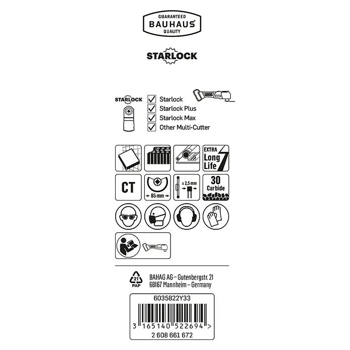 Craftomat Segmentsägeblatt ACZ 85 RT - Durchmesser: 85 mm, Fliesenfugen - Bild einer Produktverpackung von BAUHAUS mit Informationen zu STARLOCK-Kompatibilität, Materialeigenschaften und Sicherheitshinweisen.