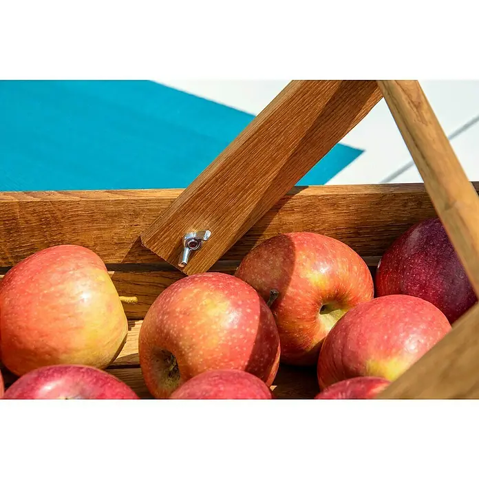 Dobar Gartenkorb - L x B x H: 42,5 x 31,5 x 12,6 cm - Nahaufnahme eines Holzkorbs voller roter Äpfel, der die frische Ernte und die natürliche Schönheit der Früchte hervorhebt.