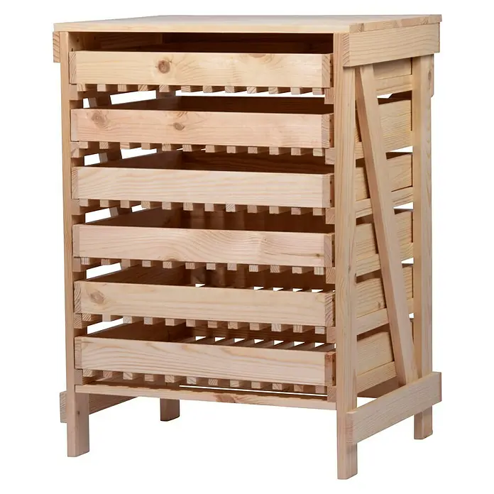 Dobar Kartoffel- & Obsthorde - L x B x H: 51 x 40,5 x 70,5 cm - Holzregal mit mehreren Ablagefächern für die Lagerung von Obst und Gemüse, gefertigt aus hellem, unbehandeltem Holz.