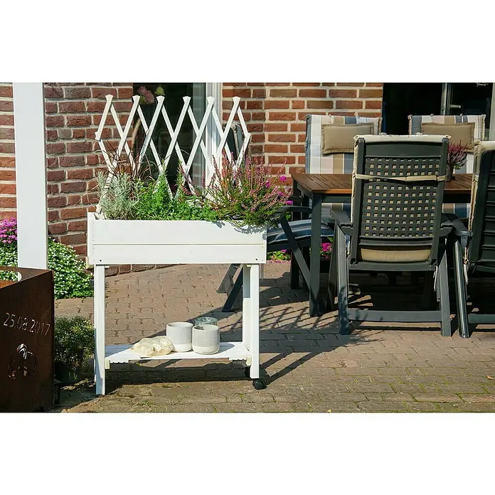 Dobar Hochbeet - L x B x H: 79 x 28,5 x 130 cm, Holz, Weiß - Ein weißer Pflanztisch mit verschiedenen Pflanzen und Dekorationen auf einer Terrasse. Die Struktur und die Farben sorgen für eine angenehme Atmosphäre.