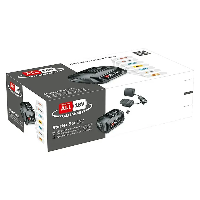 Bosch Power for All 18V Akku & Ladegerät Starter-Set - 18 V, 1 Akku, 2,5 Ah - Produktverpackung: ALLIANCE 18V Starter Set mit Lithium-Ionen-Akku, Ladegerät & Zubehör für Geräte von Bosch, Gardena und anderen Marken.