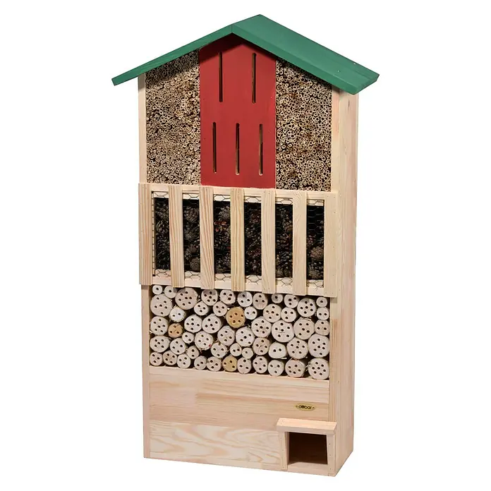 Dobar Insektenhotel - 58 x 30 x 110 cm, Holz, Braun/Grün/Rot - Großes Insektenhotel aus Holz, mit verschiedenen Füllungen und einem grünen Dach, ideal für den Garten.