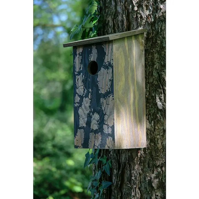 Dobar Nistkasten - 15,5 x 14,5 x 30 cm, Braun, Holz - Ein hölzernes Vogelhaus hängt an einem Baumstamm, teilweise von Efeu bedeckt, mit einem Eingang auf der linken Seite.