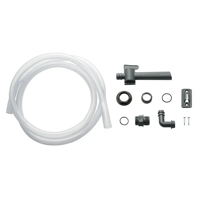 Garantia Entnahme-Set Aqua-Go - ¾″ - Produktabbildung eines Garantia-Zubehörsets, inklusive Schlauch, Hähne und diverser Verbindungsstücke für die Gartenbewässerung.
