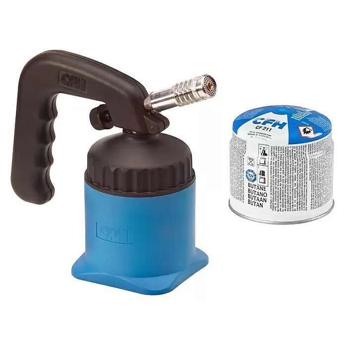 CFH Kartuschen-Lötgerät LM 2000 - Arbeitstemperatur: 650 °C - Blauer und schwarzer Gasbrenner mit silberner Düse und separater blau-weißer Gaskartusche.