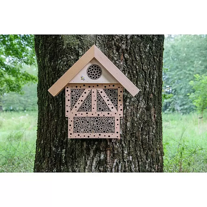 Dobar Insektenhotel Monschau - L x B x H: 37,5 x 15 x 38,5 cm, Natur - Ein hellbraunes Insektenhotel aus Holz mit vielen Röhren, an einem Baum montiert.
