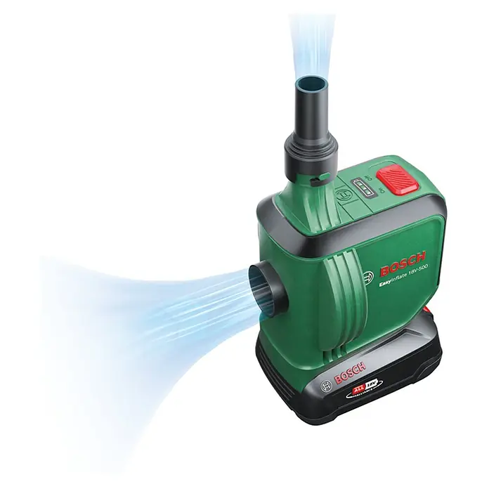 Bosch Power for All 18V Akku-Luftpumpe EasyInflate 18V-500 - 18 V, 1 Akku - Hier ist ein Bild des Bosch EasyInflate 18V-500 Akku-Luftverdichters, einem tragbaren Werkzeug für das schnelle Aufpumpen von Gegenständen.