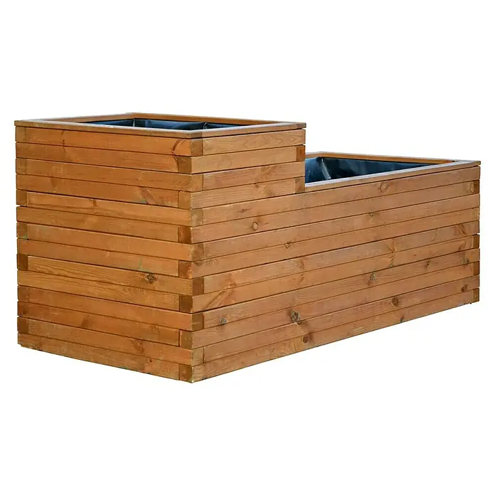 Dobar Hochteich Superb - L x B x H: 180 x 78 x 80 cm, Braun - Ein mehrstufiger Holzpflanzkasten mit schwarzem Einsatz. Er bietet Platz für Pflanzen in verschiedenen Höhen und ist wetterfest.