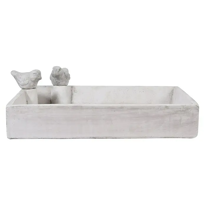 Dobar Vogeltränke Carré - Grau, Keramik, L x B x H: 29 x 29 x 5 cm - Eine längliche, weiße Betonbox mit zwei dekorativen Vogelstatuen oben drauf, die eine rustikale und natürliche Note verleiht.