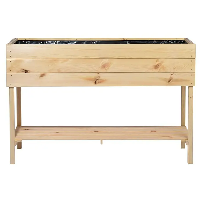 Dobar Hochbeet - L x B x H: 117 x 40 x 78 cm, Holz, Natur - Das Bild zeigt einen hölzernen Pflanzkasten mit Ablagefläche, ideal für den Garten oder die Terrasse.