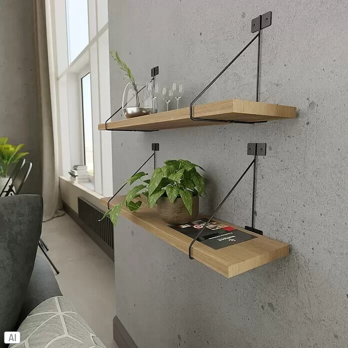 Walteco Wandkonsole Barro - L x H: 166 x 209 mm, Belastbarkeit: 20 kg, Schwarz, Stahl - Zwei schwebende Regale aus hellem Holz mit schwarzen Metallhalterungen an Betonwand, dekoriert mit Pflanzen und Gläsern.