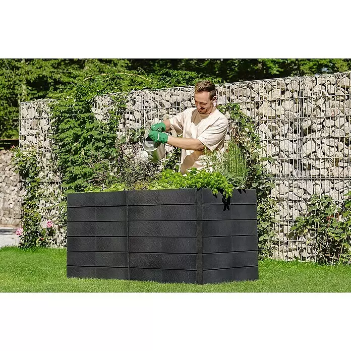 Garantia Hochbeet Ergo Quadro 2 L - Set - 160 x 80 x 75 cm, Kunststoff, Anthrazit, Steinoptik - Großes, dunkelgraues Hochbeet mit strukturierter Oberfläche, bepflanzt und von einer Person gegossen.